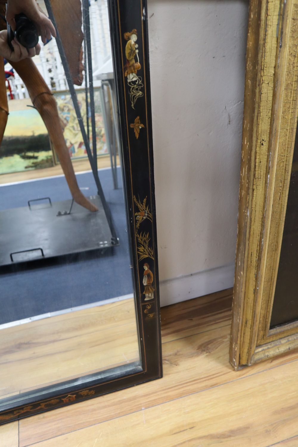A chinoiserie lacquer wall mirror, width 66cm height 132cm